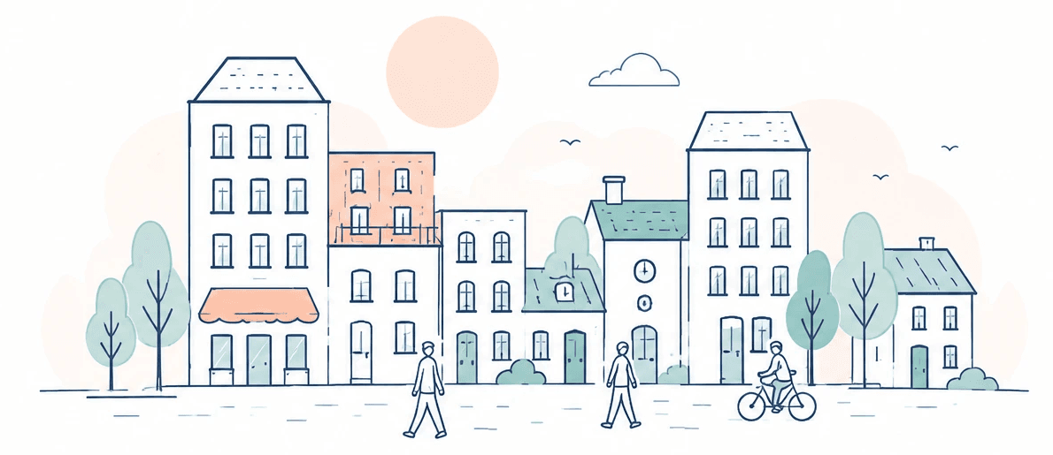 Une rue commerçante illustrée, avec ses immeubles, ses boutiques et ses habitants